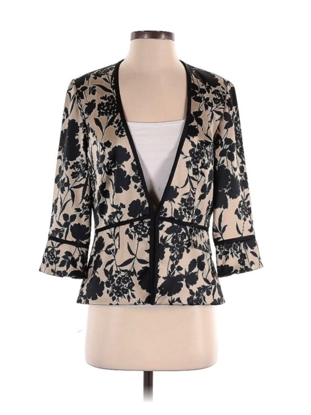 Alex Evenings Black Floral Peplum Blazer Jacket 3/4 Sleeve Size Small
